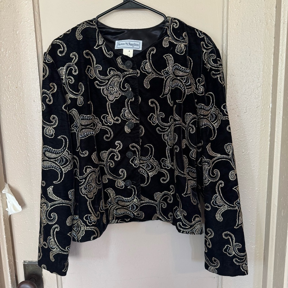 VTG Norton‎ McNaughton Women’s 14 Black and Gold Blazer Velvet Embroidered 90s